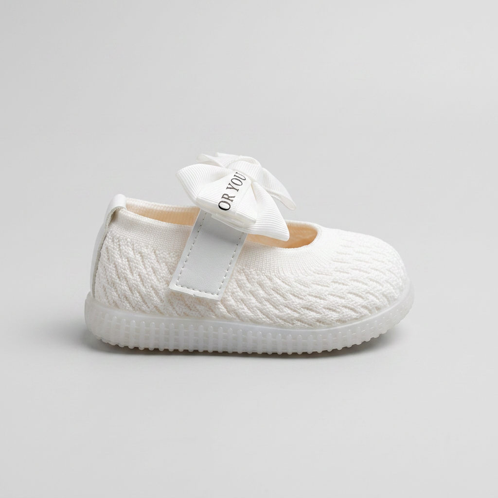 Side profile of white knit newborn Mary Jane shoe with a bow strap