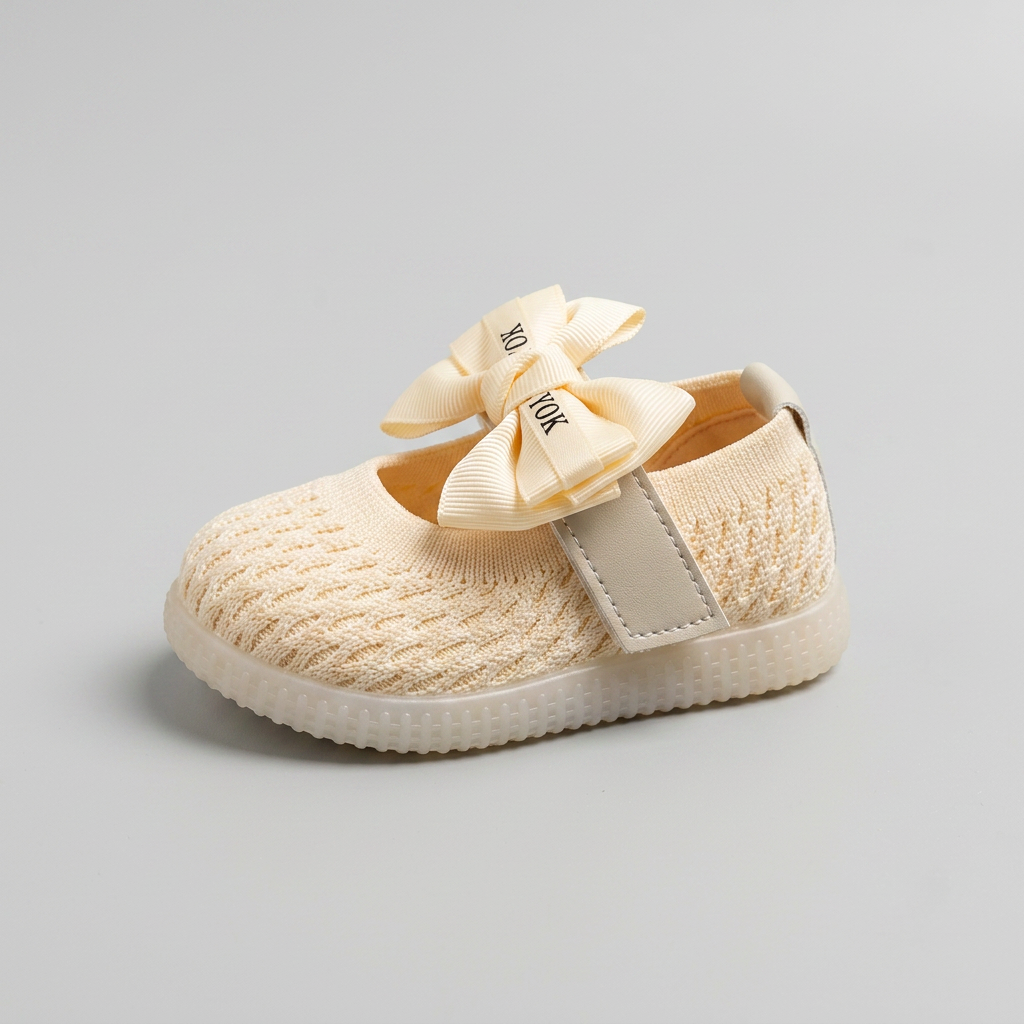 Side profile of cream-colored textured knit baby shoe with bow
