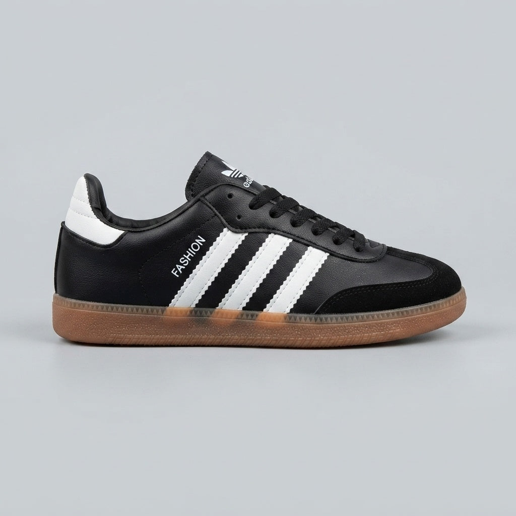 Boys Black Retro Trainer With White Stripes - Side Angle