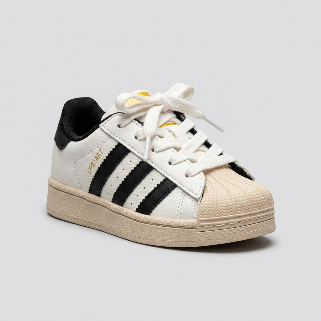 Boys Cream Shell-Toe Trainer With Striped Side - Full Pair View